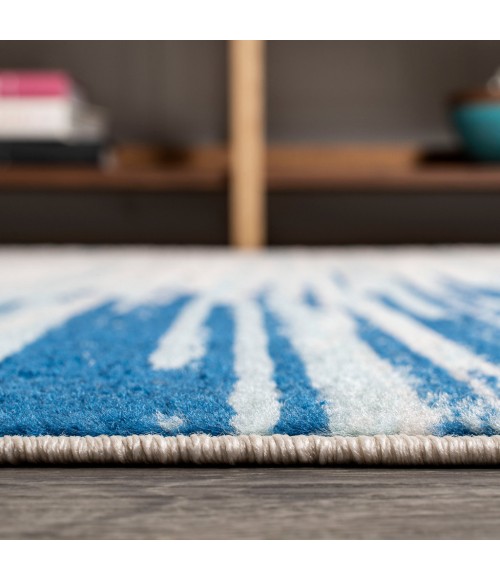 CONTEMPORARY POP Area Rug Linear Modern Half-Stripe Blue/Cream 2 ft. x 8 ft. Runner Rug