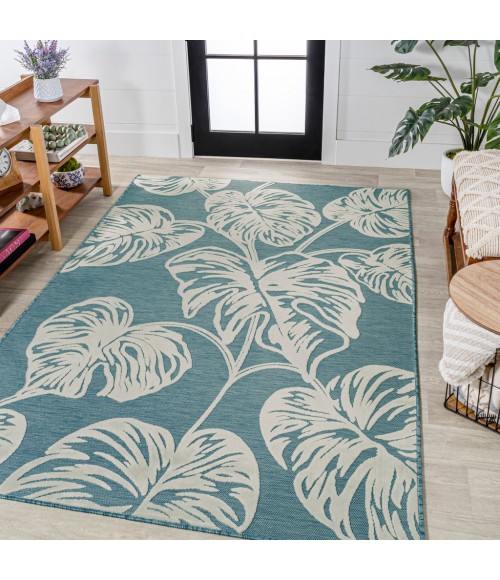 HAWAII Area Rug Tobago High-Low Two-Tone Monstera Leaf Blue/Ivory 5 ft. x 8 ft. Indoor/Outdoor Area Rug