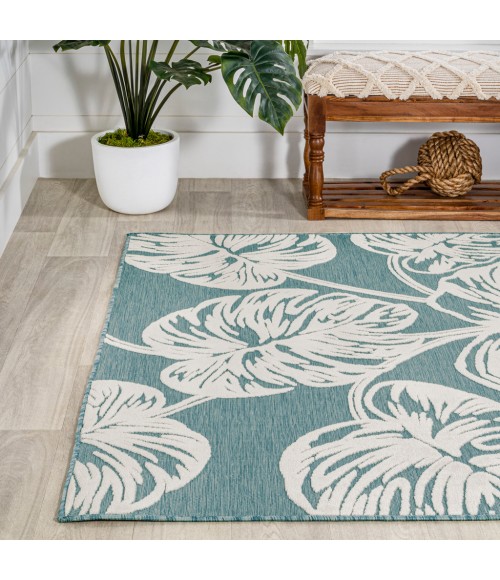 HAWAII Area Rug Tobago High-Low Two-Tone Monstera Leaf Blue/Ivory 5 ft. x 8 ft. Indoor/Outdoor Area Rug