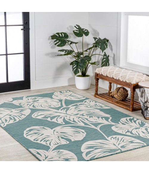 HAWAII Area Rug Tobago High-Low Two-Tone Monstera Leaf Blue/Ivory 5 ft. x 8 ft. Indoor/Outdoor Area Rug