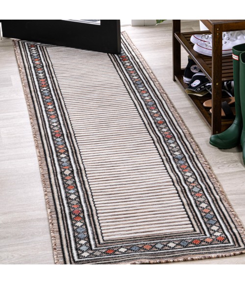 HAWAII Area Rug Sebastian High-Low Modern Diamond Border Brown/Ivory 2 ft. x 8 ft. Indoor/Outdoor Runner Rug