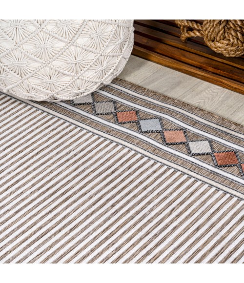 HAWAII Area Rug Sebastian High-Low Modern Diamond Border Brown/Ivory 3 ft. x 5 ft. Indoor/Outdoor Area Rug
