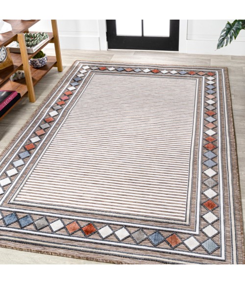 HAWAII Area Rug Sebastian High-Low Modern Diamond Border Brown/Ivory 3 ft. x 5 ft. Indoor/Outdoor Area Rug