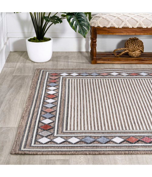 HAWAII Area Rug Sebastian High-Low Modern Diamond Border Brown/Ivory 3 ft. x 5 ft. Indoor/Outdoor Area Rug