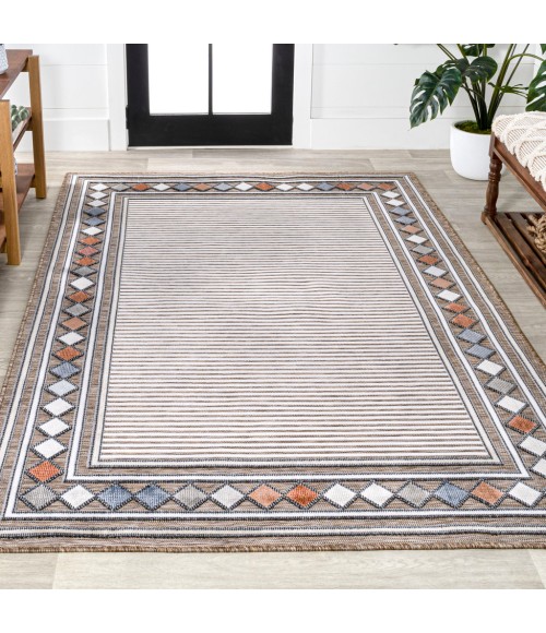 HAWAII Area Rug Sebastian High-Low Modern Diamond Border Brown/Ivory 3 ft. x 5 ft. Indoor/Outdoor Area Rug