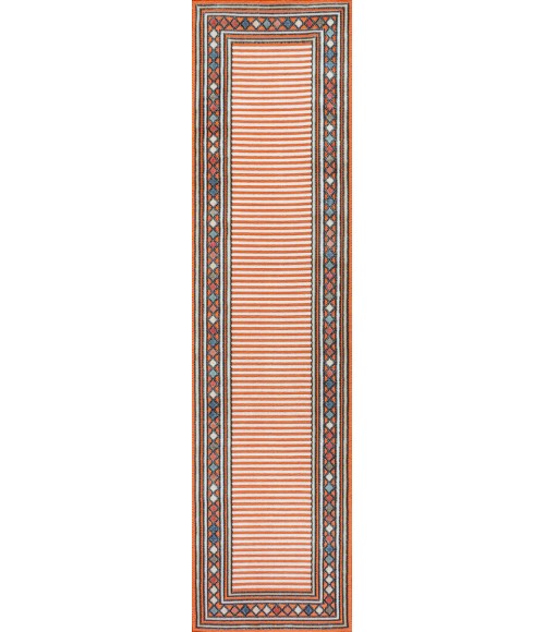 Sebastian High-Low Modern Diamond Border Orange/Ivory 2 ft. x 8 ft. Indoor/Outdoor Runner Rug