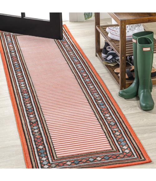 Sebastian High-Low Modern Diamond Border Orange/Ivory 2 ft. x 8 ft. Indoor/Outdoor Runner Rug