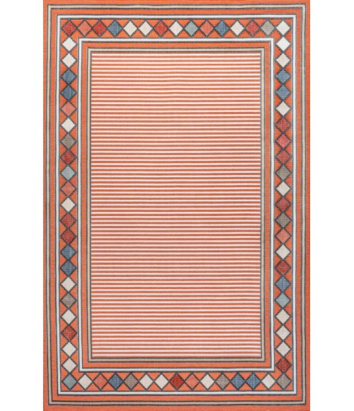 Sebastian High-Low Modern Diamond Border Orange/Ivory 5 ft. x 8 ft. Indoor/Outdoor Area Rug