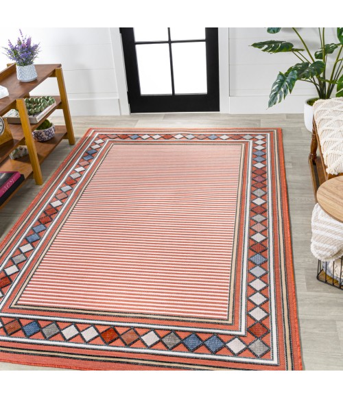 Sebastian High-Low Modern Diamond Border Orange/Ivory 5 ft. x 8 ft. Indoor/Outdoor Area Rug