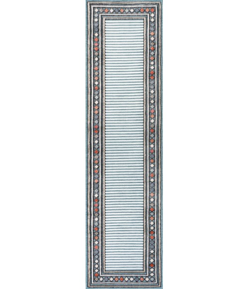 HAWAII Area Rug Sebastian High-Low Modern Diamond Border Blue/Ivory 2 ft. x 8 ft. Indoor/Outdoor Runner Rug