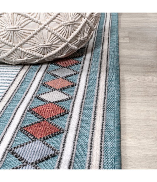 HAWAII Area Rug Sebastian High-Low Modern Diamond Border Blue/Ivory 5 ft. x 8 ft. Indoor/Outdoor Area Rug