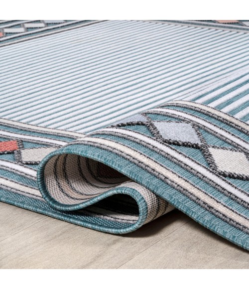HAWAII Area Rug Sebastian High-Low Modern Diamond Border Blue/Ivory 2 ft. x 8 ft. Indoor/Outdoor Runner Rug