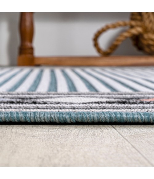 HAWAII Area Rug Sebastian High-Low Modern Diamond Border Blue/Ivory 2 ft. x 8 ft. Indoor/Outdoor Runner Rug