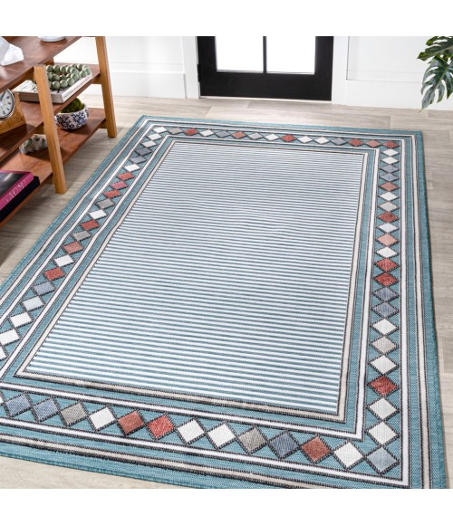 HAWAII Area Rug Sebastian High-Low Modern Diamond Border Blue/Ivory 5 ft. x 8 ft. Indoor/Outdoor Area Rug