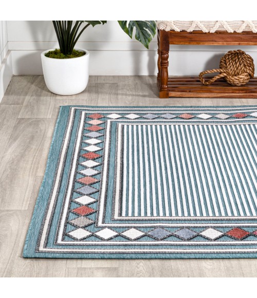 HAWAII Area Rug Sebastian High-Low Modern Diamond Border Blue/Ivory 5 ft. x 8 ft. Indoor/Outdoor Area Rug