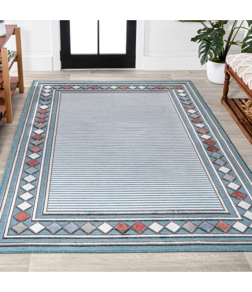 HAWAII Area Rug Sebastian High-Low Modern Diamond Border Blue/Ivory 5 ft. x 8 ft. Indoor/Outdoor Area Rug