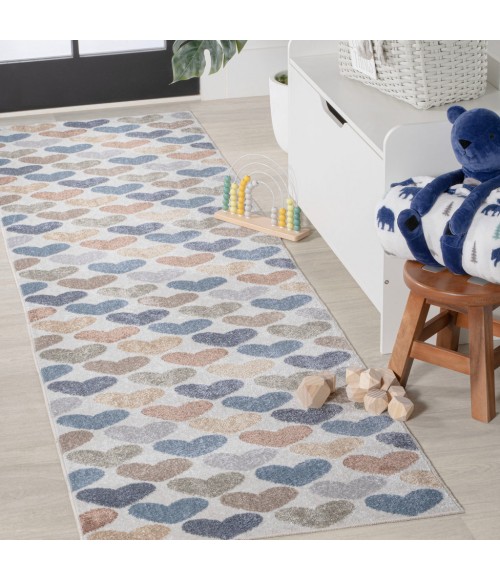 KIDS WASHABLE Area Rug Dila Modern Hearts Geometric Machine-Washable Ivory/Blue/Orange 2 ft. x 8 ft. Runner Rug