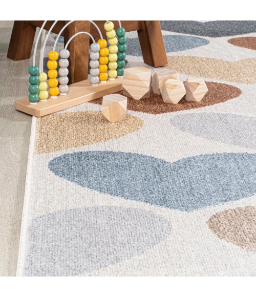 KIDS WASHABLE Area Rug Dila Modern Hearts Geometric Machine-Washable Ivory/Blue/Orange 2 ft. x 8 ft. Runner Rug