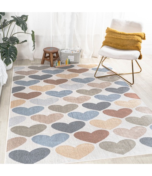 KIDS WASHABLE Area Rug Dila Modern Hearts Geometric Machine-Washable Ivory/Blue/Orange 4 ft. x 6 ft. Area Rug