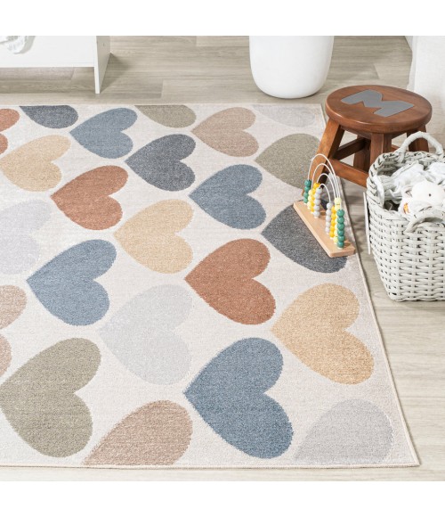 KIDS WASHABLE Area Rug Dila Modern Hearts Geometric Machine-Washable Ivory/Blue/Orange 4 ft. x 6 ft. Area Rug