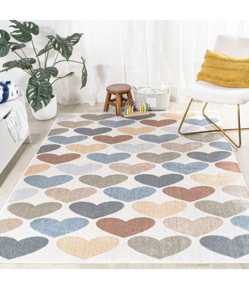 KIDS WASHABLE Area Rug Dila Modern Hearts Geometric Machine-Washable Ivory/Blue/Orange 4 ft. x 6 ft. Area Rug