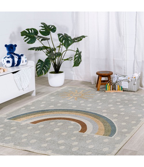 KIDS WASHABLE Area Rug Minha Rainbow Dot Modern Machine-Washable Gray/Ivory/Yellow 8 ft. x 10 ft. Area Rug