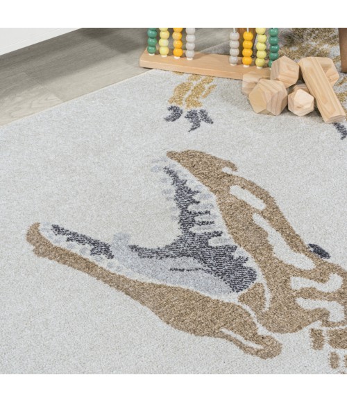 KIDS WASHABLE Area Rug Kingdarr T-Rex Modern Kids Machine-Washable Cream/Multi 5 ft. x 8 ft. Area Rug