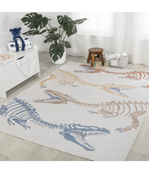 KIDS WASHABLE Area Rug Kingdarr T-Rex Modern Kids Machine-Washable Cream/Multi 5 ft. x 8 ft. Area Rug