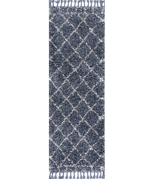 Mercer Shag Plush Tassel Moroccan Geometric Trellis Blue/Cream 2 ft. x 8 ft. Runner Rug