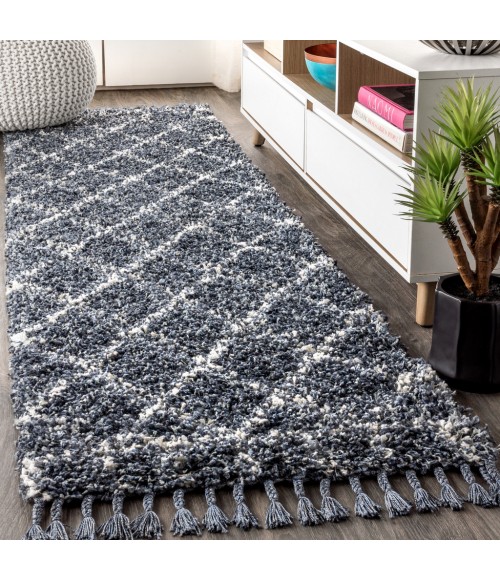 Mercer Shag Plush Tassel Moroccan Geometric Trellis Blue/Cream 2 ft. x 8 ft. Runner Rug