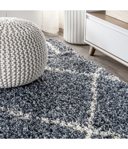 MERCER SHAG Area Rug Mercer Shag Plush Tassel Moroccan Geometric Trellis Blue/Cream 4 ft. x 6 ft. Area Rug