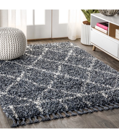 MERCER SHAG Area Rug Mercer Shag Plush Tassel Moroccan Geometric Trellis Blue/Cream 4 ft. x 6 ft. Area Rug