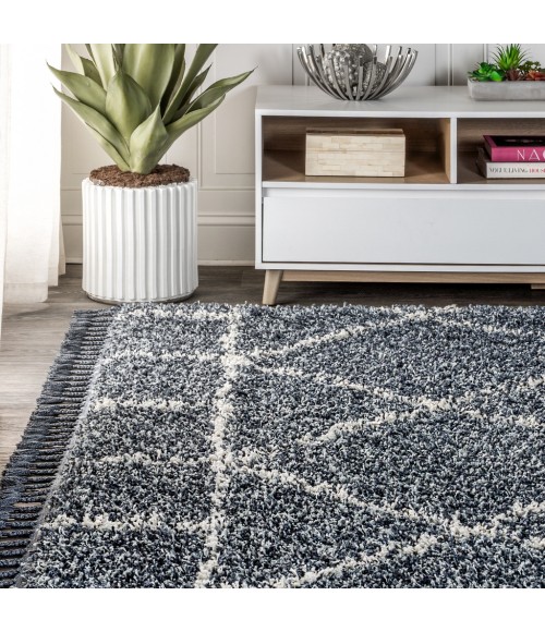 MERCER SHAG Area Rug Mercer Shag Plush Tassel Moroccan Geometric Trellis Blue/Cream 4 ft. x 6 ft. Area Rug