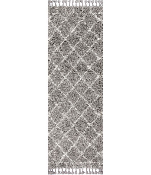 Mercer Shag Plush Tassel Moroccan Geometric Trellis Grey/Ivory 2 ft. x 8 ft. Runner Rug