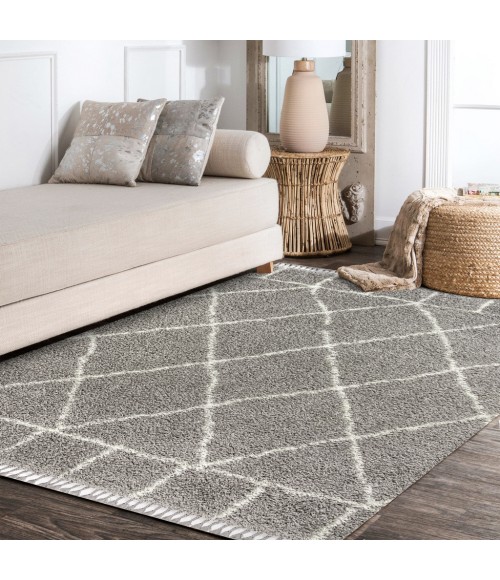 Mercer Shag Plush Tassel Moroccan Geometric Trellis Grey/Ivory 3 ft. x 5 ft. Area Rug