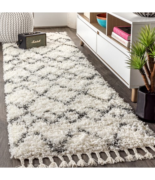 MERCER SHAG Area Rug Mercer Shag Plush Tassel Moroccan Tribal Geometric Trellis Ivory/Grey 2 ft. x 8 ft. Runner Rug