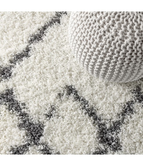 MERCER SHAG Area Rug Mercer Shag Plush Tassel Moroccan Tribal Geometric Trellis Ivory/Grey 8 ft. x 10 ft. Area Rug