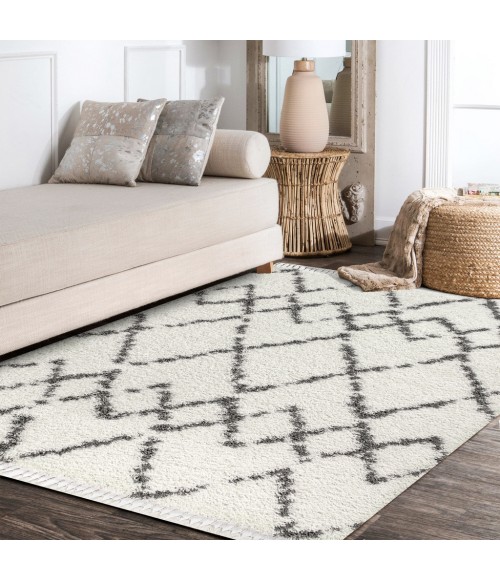 MERCER SHAG Area Rug Mercer Shag Plush Tassel Moroccan Tribal Geometric Trellis Ivory/Grey 8 ft. x 10 ft. Area Rug