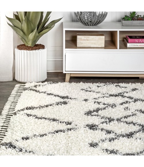 MERCER SHAG Area Rug Mercer Shag Plush Tassel Moroccan Tribal Geometric Trellis Ivory/Grey 8 ft. x 10 ft. Area Rug