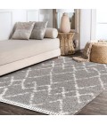 Mercer Shag Plush Tassel Moroccan Tribal Geometric Trellis Grey/Ivory 8 ft. x 10 ft. Area Rug