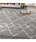 Mercer Shag Plush Tassel Moroccan Tribal Geometric Trellis Grey/Ivory 8 ft. x 10 ft. Area Rug