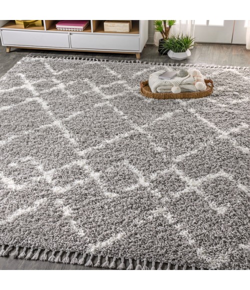 Mercer Shag Plush Tassel Moroccan Tribal Geometric Trellis Grey/Ivory 8 ft. x 10 ft. Area Rug