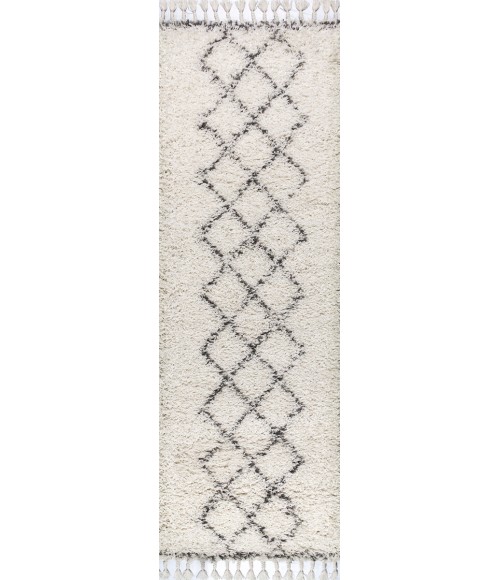 Mercer Shag Plush Tassel Moroccan Tribal Geometric Trellis Cream/Grey 2 ft. x 8 ft. Runner Rug