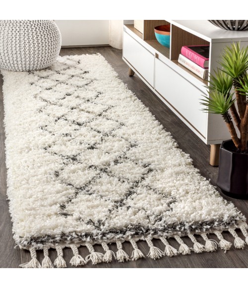 Mercer Shag Plush Tassel Moroccan Tribal Geometric Trellis Cream/Grey 2 ft. x 8 ft. Runner Rug