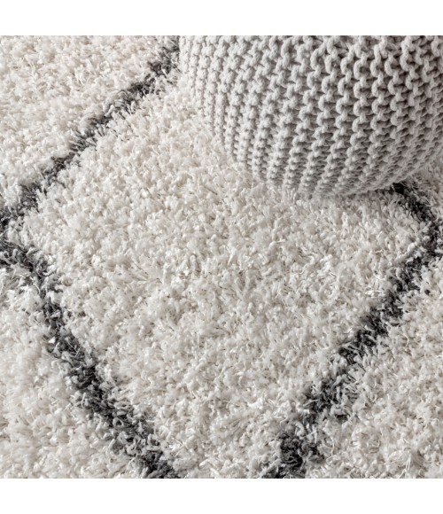 MERCER SHAG Area Rug Mercer Shag Plush Tassel Moroccan Tribal Geometric Trellis Cream/Grey 8 ft. x 10 ft. Area Rug