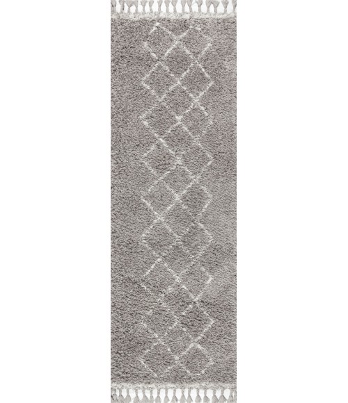 MERCER SHAG Area Rug Mercer Shag Plush Tassel Moroccan Tribal Geometric Trellis Grey/Cream 2 ft. x 8 ft. Runner Rug