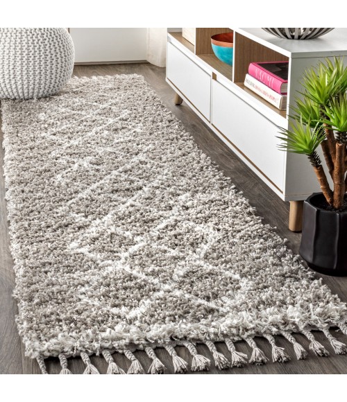 MERCER SHAG Area Rug Mercer Shag Plush Tassel Moroccan Tribal Geometric Trellis Grey/Cream 2 ft. x 8 ft. Runner Rug