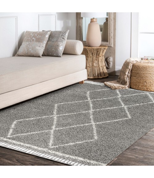 MERCER SHAG Area Rug Mercer Shag Plush Tassel Moroccan Tribal Geometric Trellis Grey/Cream 4 ft. x 6 ft. Area Rug