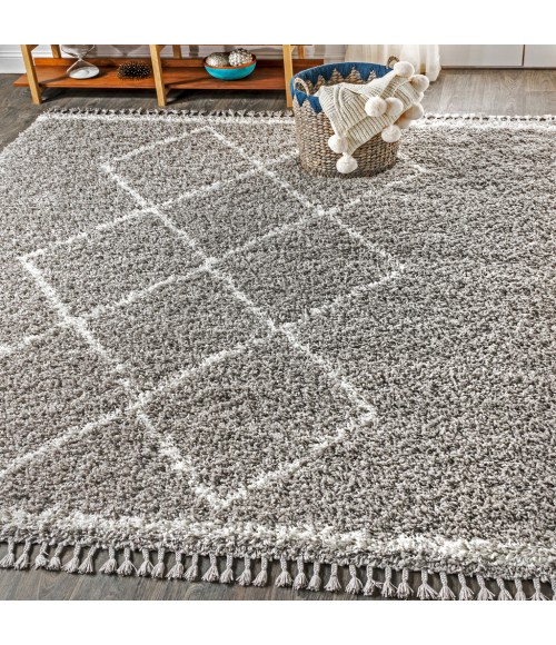 MERCER SHAG Area Rug Mercer Shag Plush Tassel Moroccan Tribal Geometric Trellis Grey/Cream 4 ft. x 6 ft. Area Rug