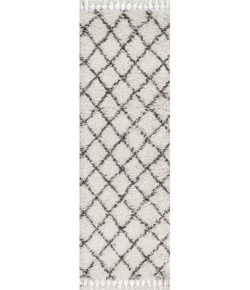 MERCER SHAG Area Rug Mercer Shag Plush Tassel Moroccan Geometric Trellis Cream/Grey 2 ft. x 8 ft. Runner Rug